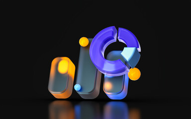 glass morphism business chart pie icon with colorful gradient light on dark background 3d render
