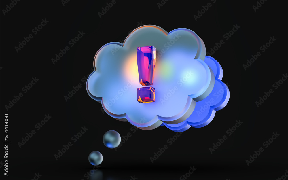 Poster glass morphism exclamation icon with colorful gradient light on dark background 3d render concept
