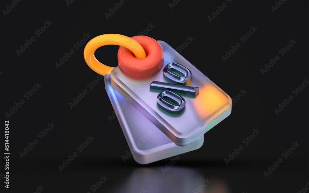 Poster glass morphism percentage tag icon with colorful gradient light on dark background 3d render concept