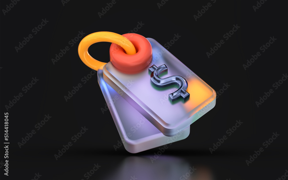 Poster glass morphism dollar tag icon with colorful gradient light on dark background 3d render concept