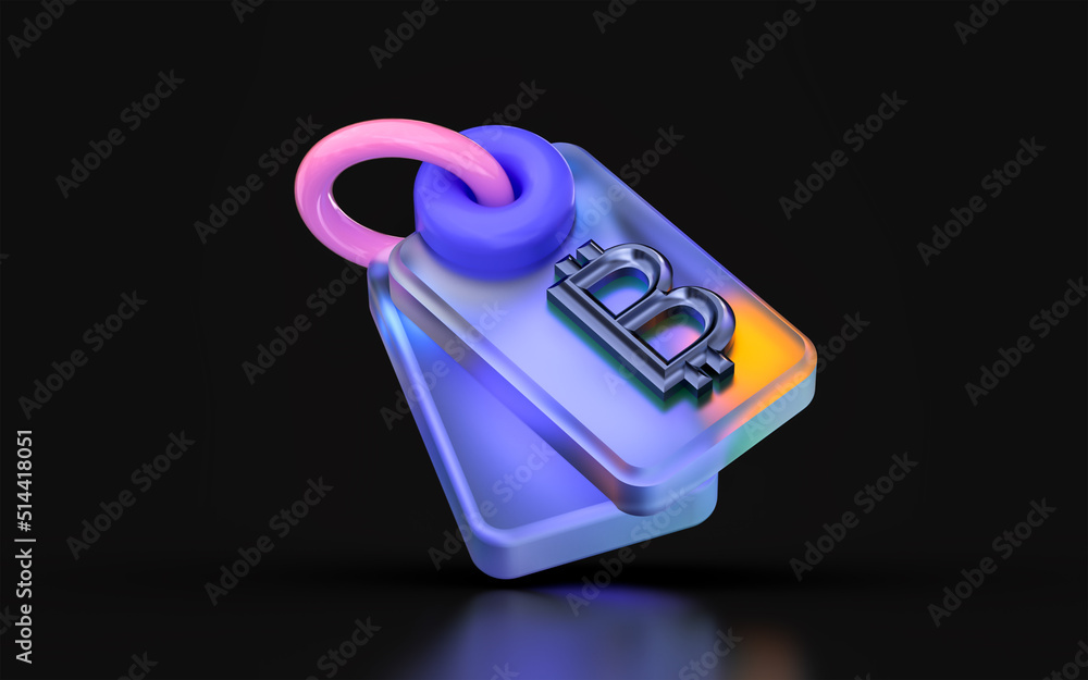 Poster glass morphism bitcoin tag icon with colorful gradient light on dark background 3d render concept