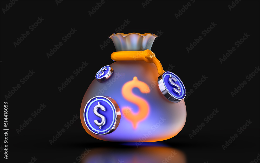 Poster glass morphism dollar bag icon with colorful gradient light on dark background 3d render concept