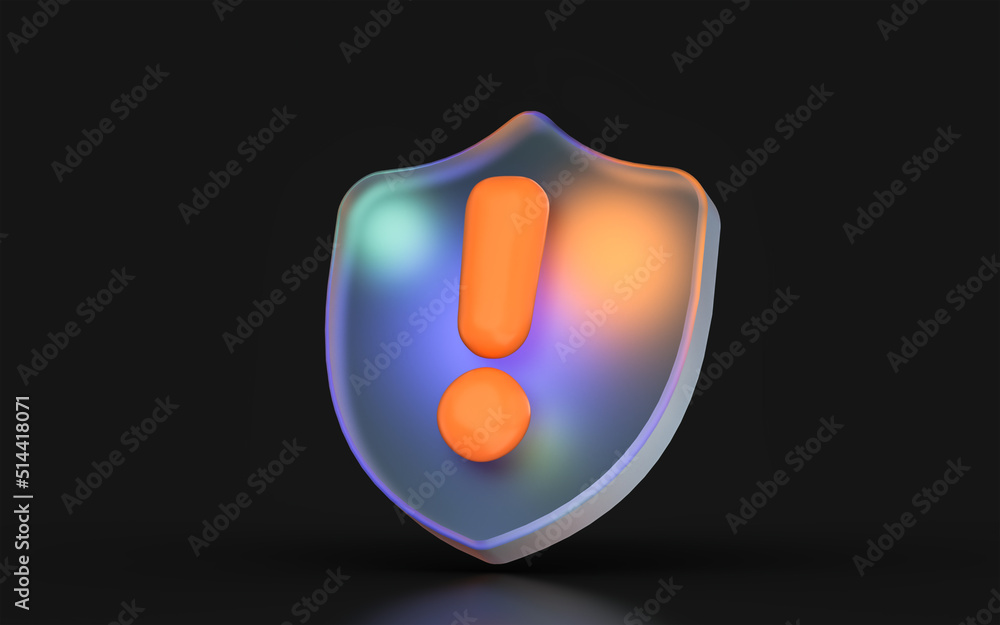 Poster glass morphism exclamation shield icon with colorful gradient light on dark background 3d render