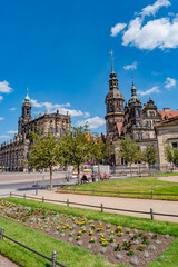 Cover page with cityscape over historical and touristic center in Dresden downtown Cathedral of Holy Trinity and theater square, Dresden, Germany, at summer sunny day and blue sky.