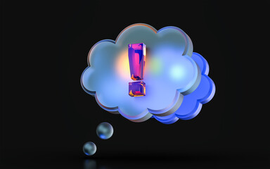 glass morphism exclamation icon with colorful gradient light on dark background 3d render concept