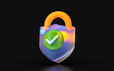glass morphism check mark lock icon with colorful gradient light on dark background 3d render 