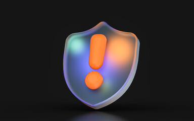 glass morphism exclamation shield icon with colorful gradient light on dark background 3d render