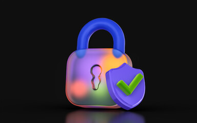 glass morphism lock check icon with colorful gradient light on dark background 3d render concept