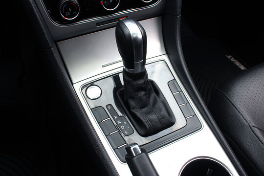 Automatic transmission lever shift. Gear shifter. Car inside, automatic transmission close up.