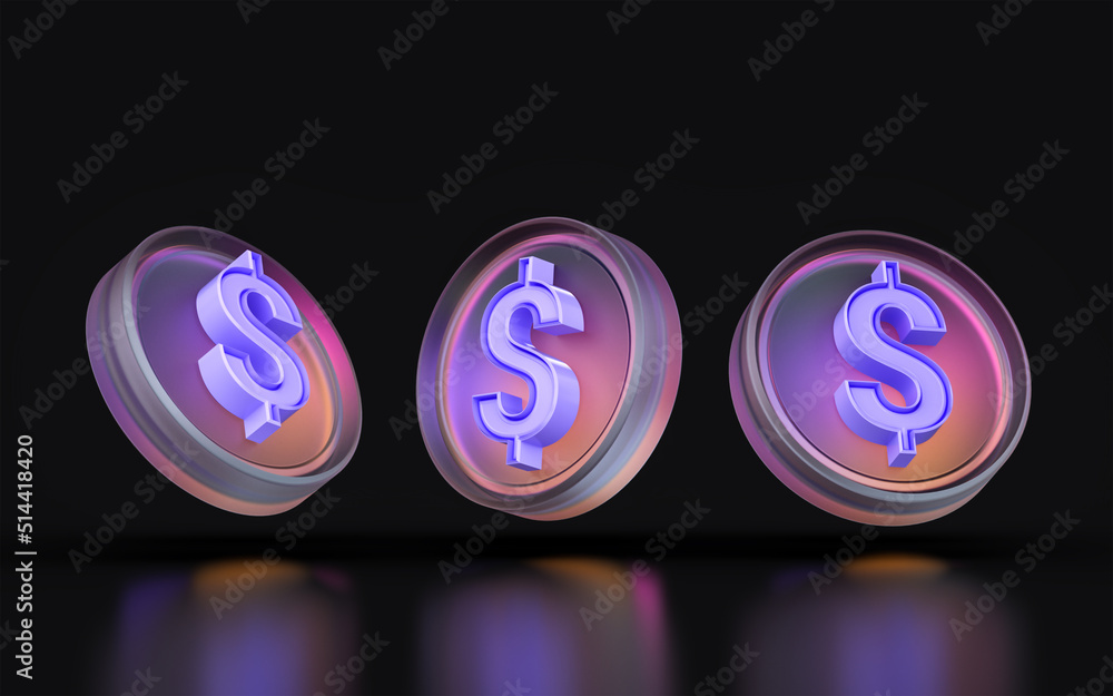 Poster glass morphism dollar icon three view angle colorful gradient light on dark background 3d render