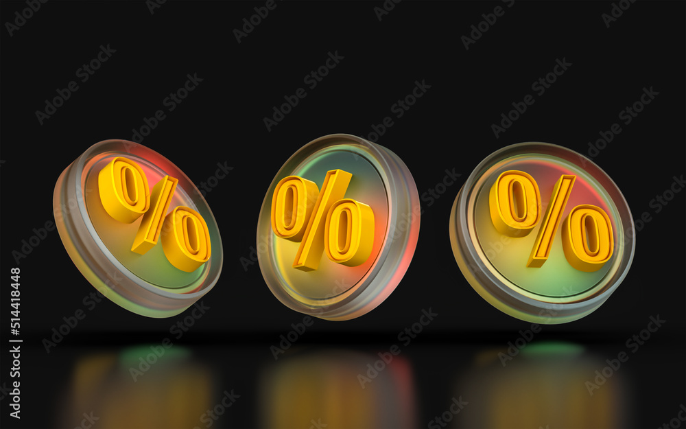 Poster glass morphism percentage icon three view angle colorful gradient light on dark background 3d render