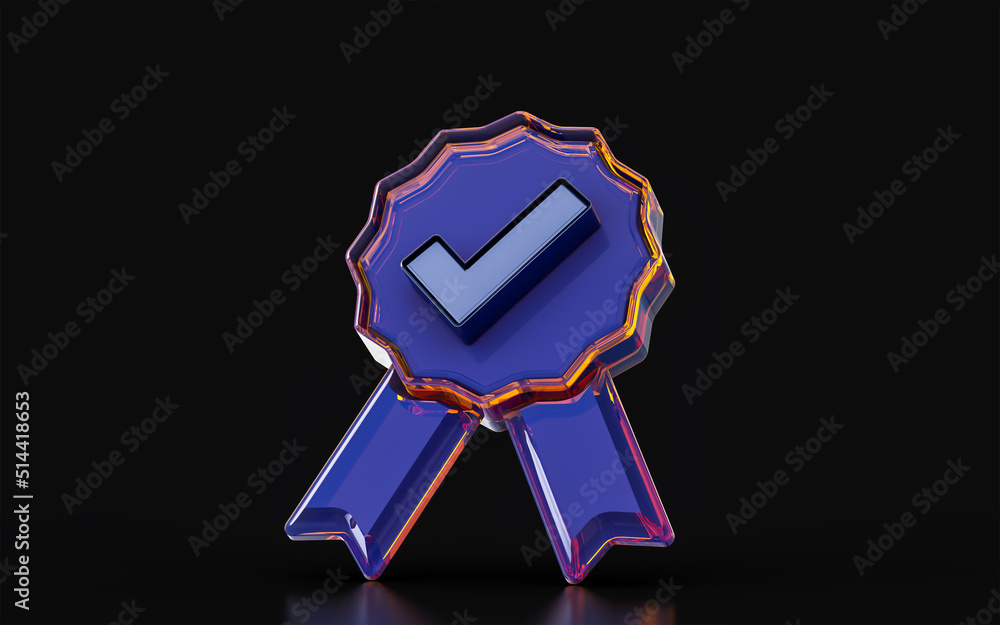 Aufkleber check mark badge sign with glass morphism effect on dark background 3d render concept for correct
