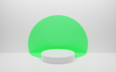 Abstract minimal empty podium with circle details on the wall. Empty room concept with half semi circle on natural lighting. Rendering 3d shape, product display presentation. Futuristic wall scene.