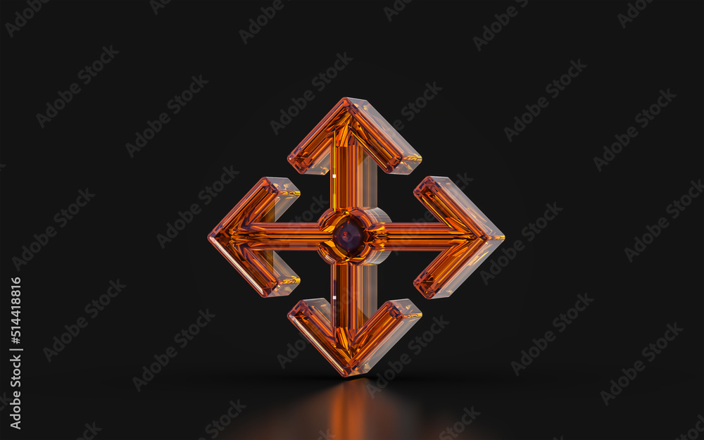 Poster four angle arrow sign with glass morphism effect on dark background 3d render concept for direction