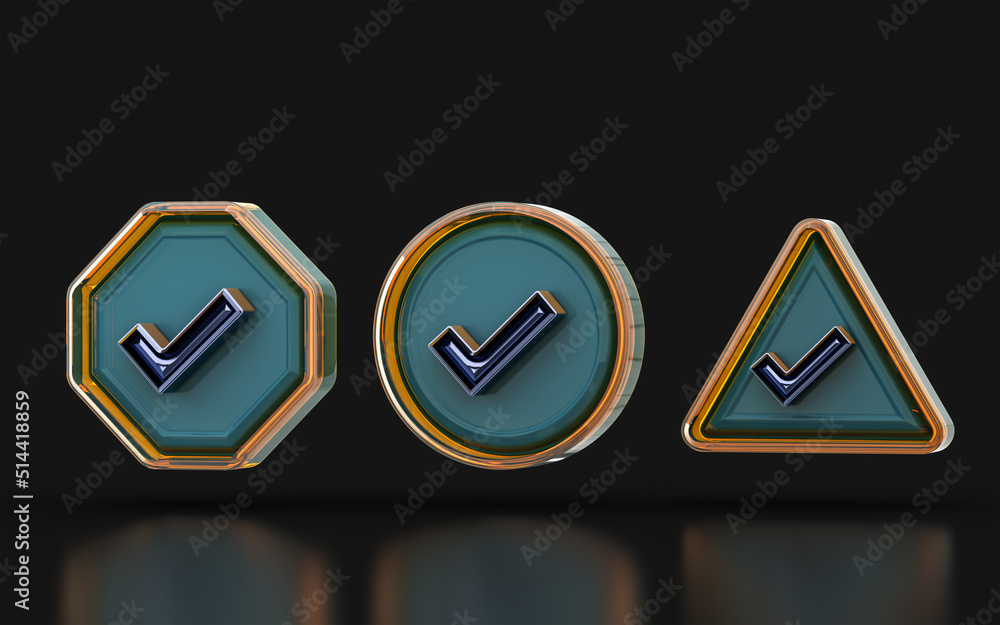 Poster check mark sign hexagon circle triangle shape glass morphism on dark background 3d illustration