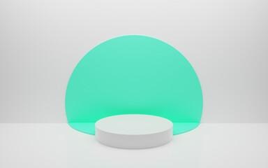 Abstract minimal empty podium with circle details on the wall. Empty room concept with half semi circle on natural lighting. Rendering 3d shape, product display presentation. Futuristic wall scene.