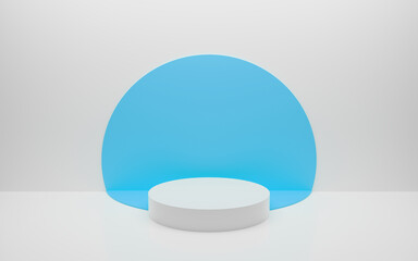 Abstract minimal empty podium with circle details on the wall. Empty room concept with half semi circle on natural lighting. Rendering 3d shape, product display presentation. Futuristic wall scene.