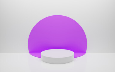 Abstract minimal empty podium with circle details on the wall. Empty room concept with half semi circle on natural lighting. Rendering 3d shape, product display presentation. Futuristic wall scene.