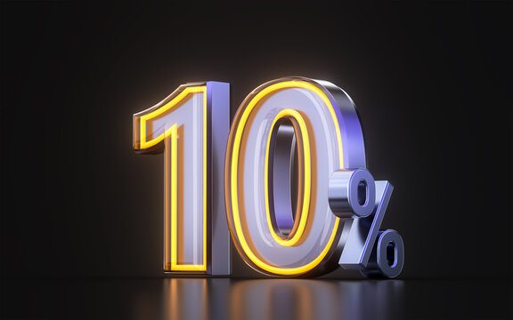 10 percent discount offer icon with metal neon glowing light on dark background 3d illustration