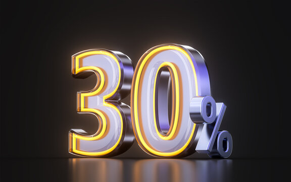 30 percent discount offer icon with metal neon glowing light on dark background 3d illustration