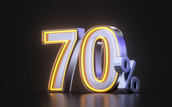 70 percent discount offer icon with metal neon glowing light on dark background 3d illustration