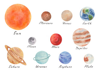 Watercolor illustration of hand painted all planets of Solar system with star Sun and satellite Moon. Mercury, Venus, Earth, Mars, Jupiter, Saturn, Uranus, Neptune, Pluto with handwritten names © Olga Sidelnikova