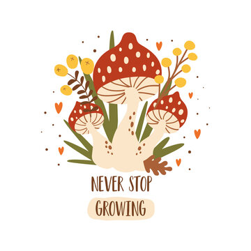 Naklejka Fall mushroom poster. Autumn amanita mushroom with leaves, berry. Text never stop growing, inspirational quote, phrase, sayings. Fall mushroom sticker mushroom isolated element cute illustration.