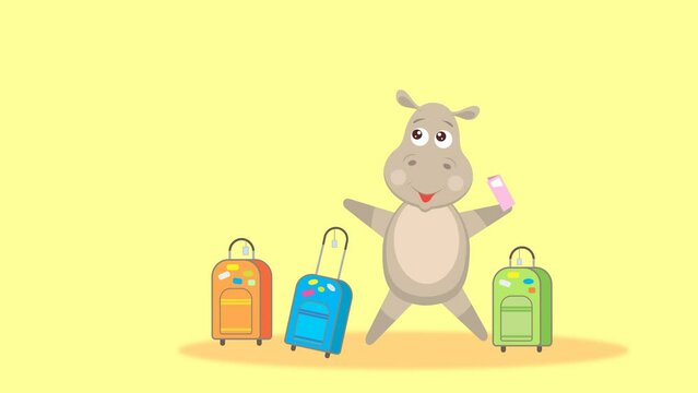 Funny animals, hippopotamus traveler. Animation in cartoon style.