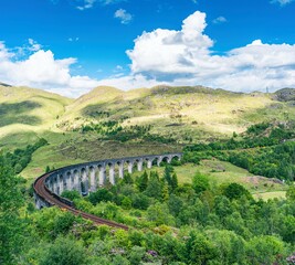 Panorama over Glenfinnan Viaduct, West Highland Line in Glenfinnan, Inverness-shire, Scotland, UK