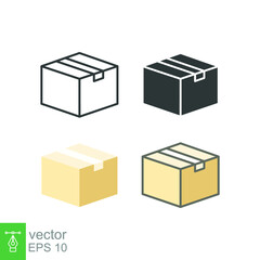Box icon. Simple outline, solid, flat style. Package, delivery, parcel, shipping, cardboard, storage, carton, closed, pictogram, pack concept. Vector illustration isolated on white background. EPS 10