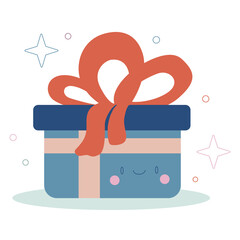 Vector cute flat illustration isolated on white. Gift box with ribbons with a face
