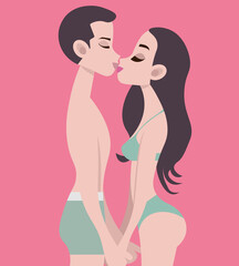 Heterosexual couple in love in a flat vector illustration with kissing couple, guy and girl in underwear. Love concept, foreplay, passion, lust, relationships, dating, sex, attraction, desire