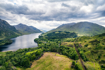View of Mountain over Glenfinnan Monument and Loch Shiel, West Highland, Scotland, UK