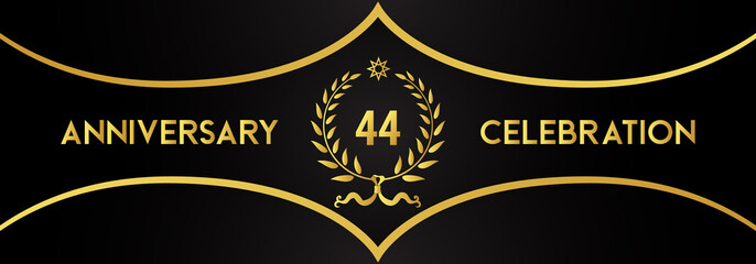 44 years anniversary celebration with gold laurel wreath and star on luxury black background. Premium design for banner, poster, weddings, happy birthday, greetings card, graduation, invitation card.