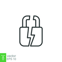 Broken lock line icon. Simple outline style. Unlock, crack, padlock, break, free, chain, code, security, fail, technology concept. Vector design illustration isolated on white background. EPS 10