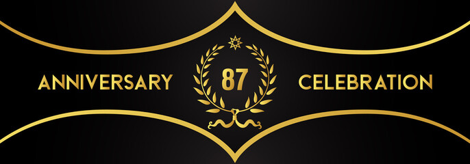 87 years anniversary celebration with gold laurel wreath and star on luxury black background. Premium design for banner, poster, weddings, happy birthday, greetings card, graduation, invitation card.