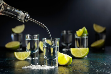 Tequila shots with lime slices and sea salt.