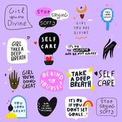 Collection of inspirational and motivational phrases. Vector graphic design on purple background.