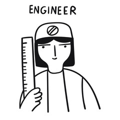 Woman engineer. Outline vector icon illustration on white background.