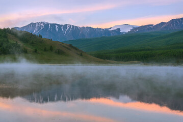 Naklejka na ściany i meble lake mountains dawn fog summer