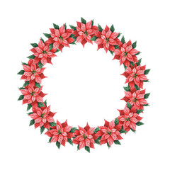 Wreath with watercolor hand draw flowers of poinsettia. Floral clipart for wedding invitation, sublimation, greeting cards