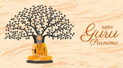 Happy Guru Purnima Traditional Hindu Festival Poster. Old sadhu, sage meditate sitting under tree Horizontal Banner Design Vector Illustration. Social media post, website header, greeting card graphic - obrazy, fototapety, plakaty