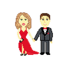 Beautiful couple in evening wear isolated on white background. Prom concept. Pixel art design. 8 bit logo for game. Character vector illustration. eps 10