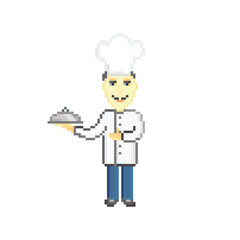 Chef isolated on white background. Pixel art design. 8 bit logo for game. Character vector illustration. eps 10