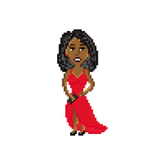Dark-skinned woman in red evening dress isolated on white background. Pixel art design. 8 bit logo for game. Character vector illustration. eps 10