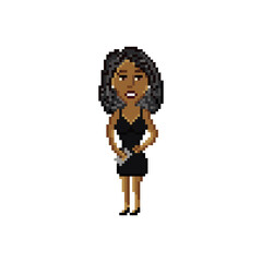 Dark skinned woman in little black dress isolated on white background. Pixel art design. 8 bit logo for game. Character vector illustration. eps 10