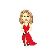 Beautiful woman in red evening dress isolated on white background. Pixel art design. 8 bit logo for game. Character vector illustration. eps 10