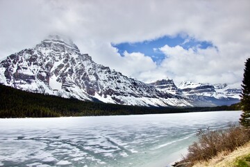 Waterfowl Lake, Icefields Parkway, still frozen in Spring