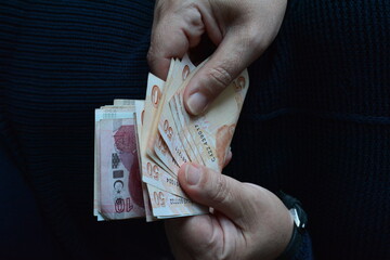 close up Turkish money, counting money