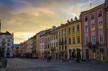 Fototapeta na wymiar Beautiful sunset in old city center of Lviv, Ukraine